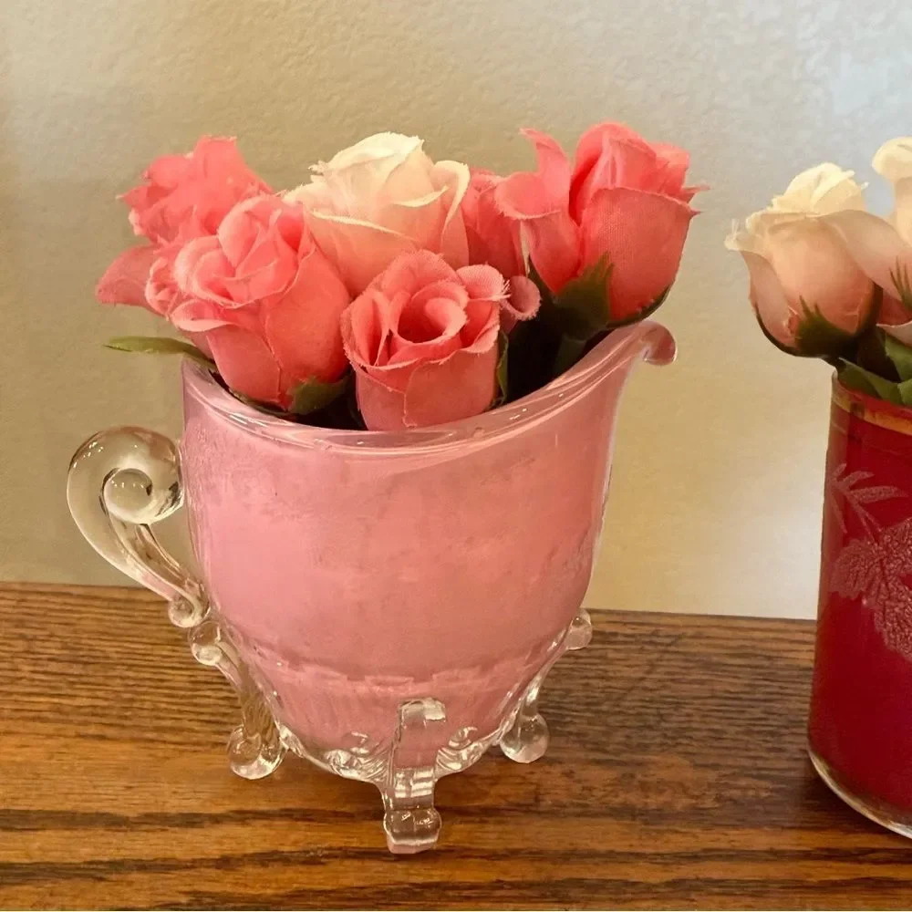 Vintage Pink Floral Bud Vase Set Hand Painted Cottagecore Shabby Chic 3 Pieces